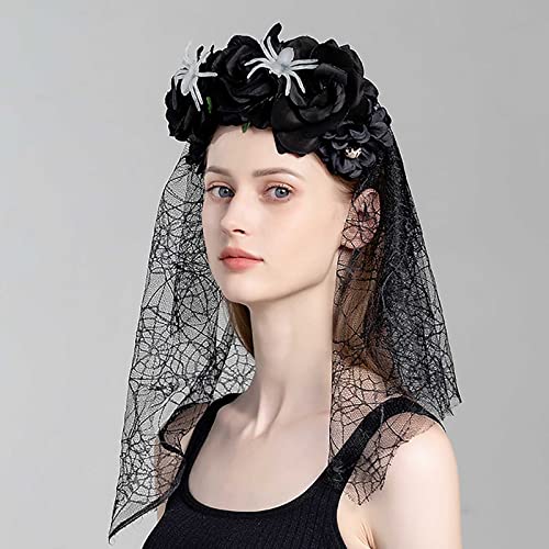 Acenail Floral Headband Veil Women Flower Crown Head Piece Rose Flower Garland Spider Mexican Headband Day of the Dead Head Band Cosplay Halloween Headpieces (Black)