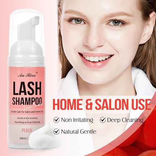 Lash Shampoo for Lash Extensions 60 Ml/2fl.oz Eyelash Extension Cleanser Oil Free Lash Cleanser for Eyelash Care, Gentle Foaming Eyelash Shampoo with Brush for Salon Home Care (Peach 60ml)
