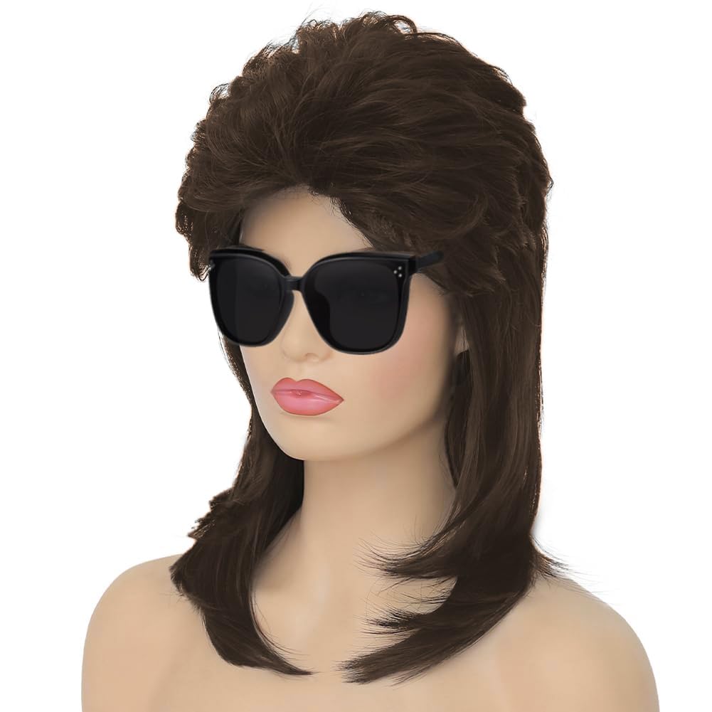 Daiaces Brown Mullet Wigs for Women 80s Rocker Wig Costumes Fancy Party Cosplay Halloween Wig