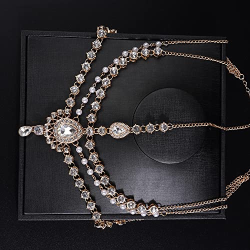 JWICOS Boho Rhinestone Head Chain Pearl Headchain Bride Headpiece Headband Wedding Hair Accessories for Women and Girls (Gold)