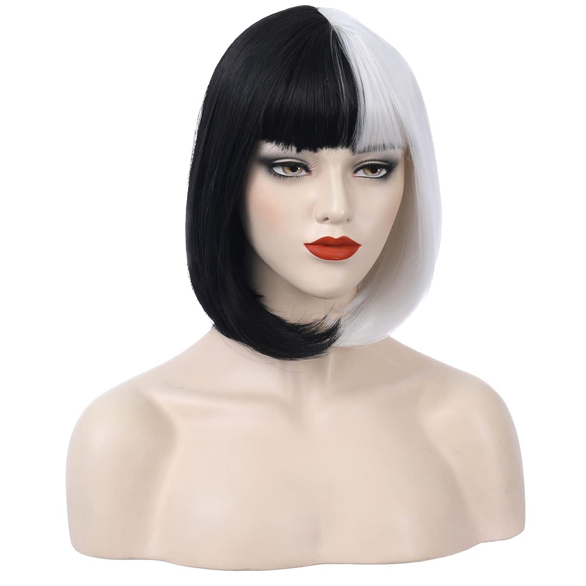 BERON 12 Inches Black White Bob Wig Short Straight Bob Synthetic Wig with Bangs for Women Halloween Cosplay or Daily Use Wigs (Black and White)