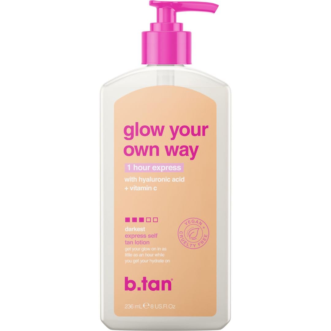 b.tan Dark Self Tanner Lotion - 1 Hour Express Sunless Tanning Cream for Natural Bronze | Hydrating Vitamin C, 8 Fl Oz