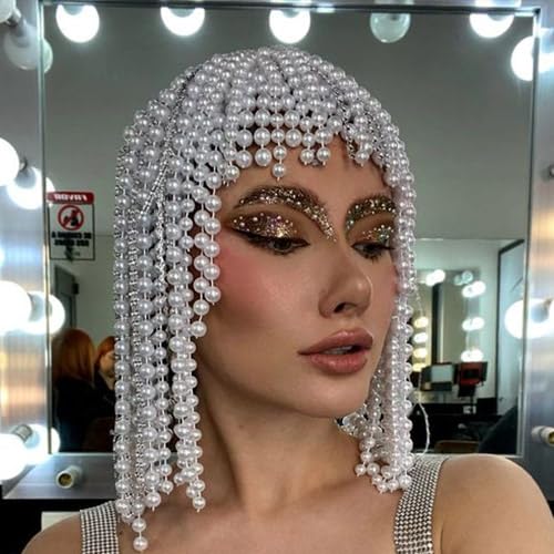 STONEFANS Pearl Headpiece Bridal for Women Roaring 20s Gatsby Pearl Head Chain Jewelry Hair Accessory
