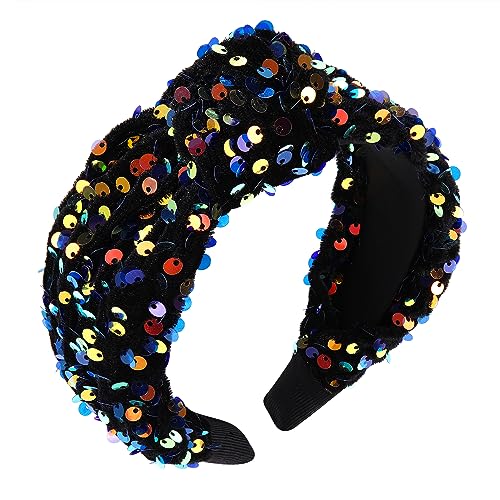 HEIDKRUEGER Knotted Sequins Headbands Soft Twist Hairband Bar Stage Sing Dance Party Headband Sparkle Glitter Hair Accessories for Women and Girls (Black)