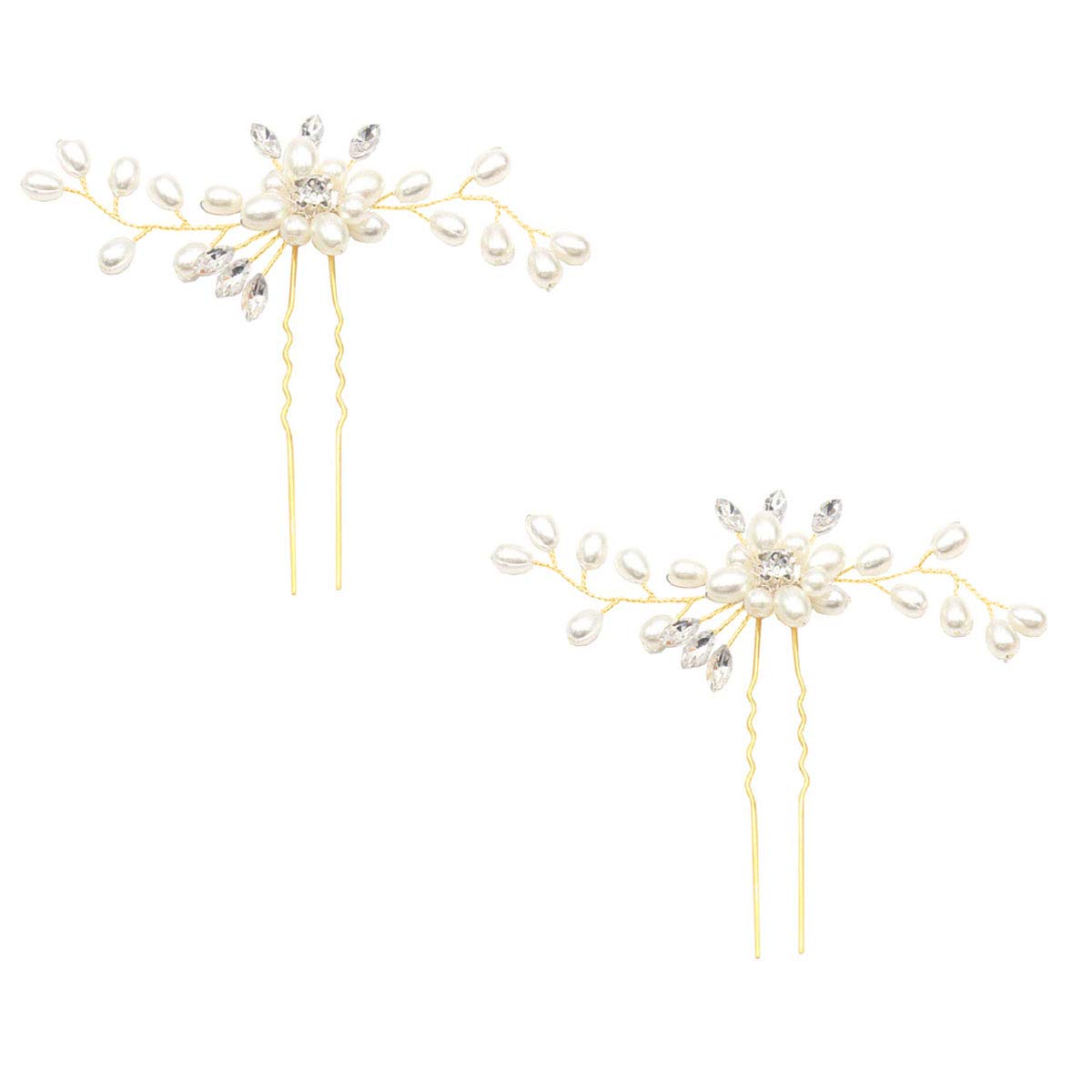 Shegirl Bridal Wedding Hairpin Delicate Pearl Rhinestone Hair Jewelry Manual Gold Headpiece Wedding Accessories for Bridal and Women 2PCS (Gold)