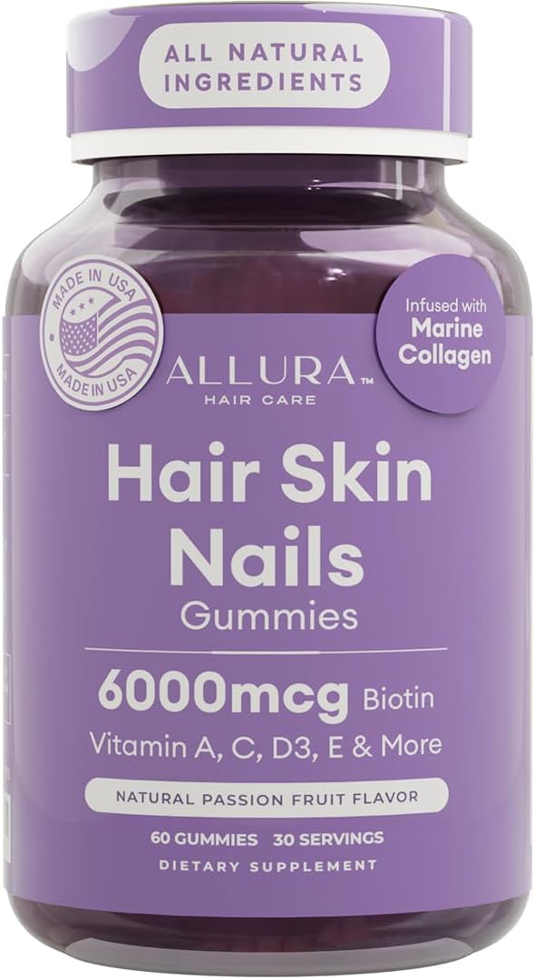 Skiennix Hair Skin and Nails Vitamins - Extra Strength 6000mcg Biotin Gummies with Marine Collagen & Vitamins | 60ct Passion Fruit