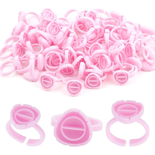 100PCS aliOry Glue Rings for Eyelash Extensions Disposable lash Rings for Glue Holder Volume lash Fan Blossom Glue Cups, (Pink Oval Shaped)