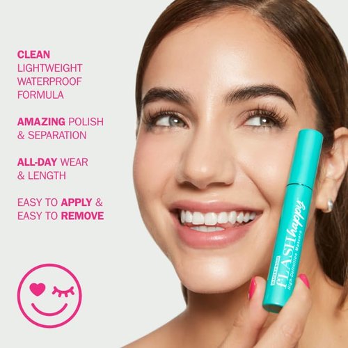 fLASH Happy High-Definition Mascara with Ultra-slim Brush for Length, Volume, Curl - All Day Wear, Clean Vegan Formula, Paraben-free (True Black)