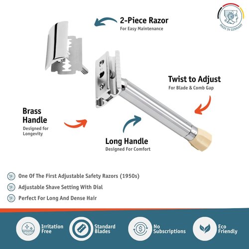 Merkur Progress 510 Adjustable Safety Razor - Long Handle with Dial | Plastic-Free, Made in Germany