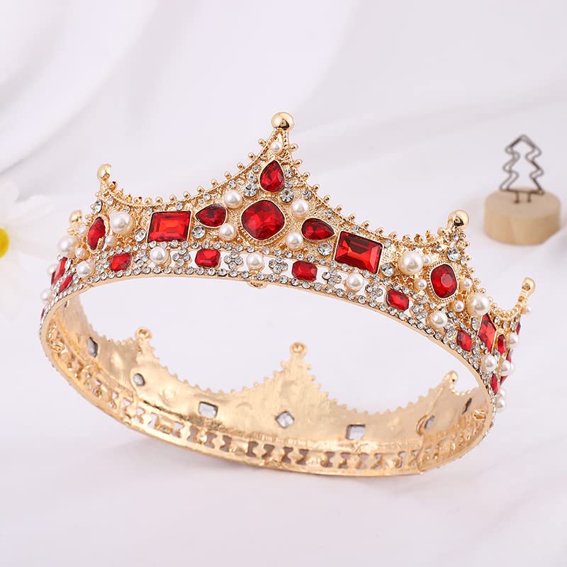 King Crystal Wedding Tiara Vintage Rhinestone Crown Hair Bands For Men Birthday Prom Pageant Hair Accessories (Gold With Red Stone)