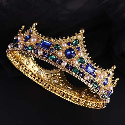 King Crystal Wedding Tiara Vintage Rhinestone Crown Hair Bands For Men Birthday Prom Pageant Hair Accessories (Gold With Blue Stone)