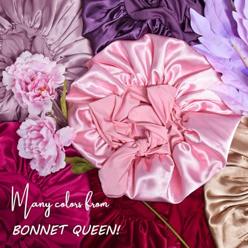 BONNET QUEEN Large Satin Bonnet Silk Bonnet for Sleeping Women Hair Bonnet Big Bonnet Night Sleep Cap Scarf Wrap for Curly Hair with Tie Band Pink