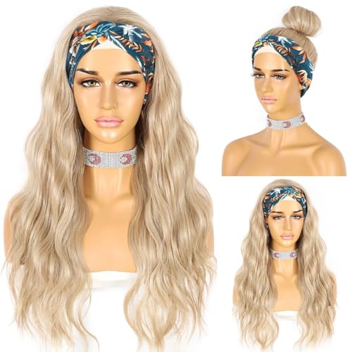 SAPPHIREWIGS Headband Wig Long Wavy Wigs for Women Highlight Blue Wig Glueless Synthetic Wigs 26 Inch Headwrap Wigs with Headband Attached