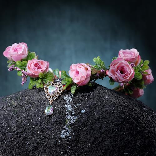 RENEMEGO Pink Rose Fairy Crown - Handmade Floral Crown Elf Floral Headband with Heart Crystal Elven Leaf Headpiece Hair Wreath for Women Girls Wedding Cosplay Party Maternity Props Accessories