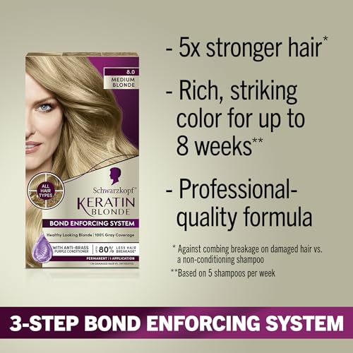 Schwarzkopf Keratin Color Permanent Hair Color, 8.0 Medium Blonde, 1 Application Professionally Inspired Permanent Hair Dye, for up to 80% Less Breakage vs Untreated Hair and up to 100% Gray Coverage