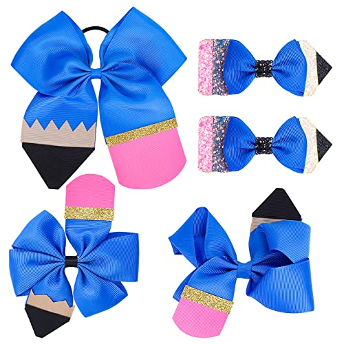 Whaline 5Pcs Back to School Yellow Pencil Hair Bow Clips Ponytail Holder Jumbo Ribbon Grosgrain Hairgrips Cheer Hair Bows Tie for First Day of School Girl Student Cheerleader Hair Accessories