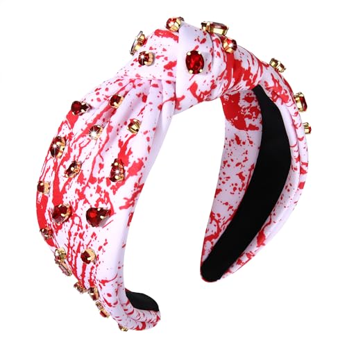 Halloween Crystal Knotted Headband for Women Rhinestone Jeweled Embellished Blood Splatter Print Wide Top Knot Hairband Halloween Costume Party Hair Accessory