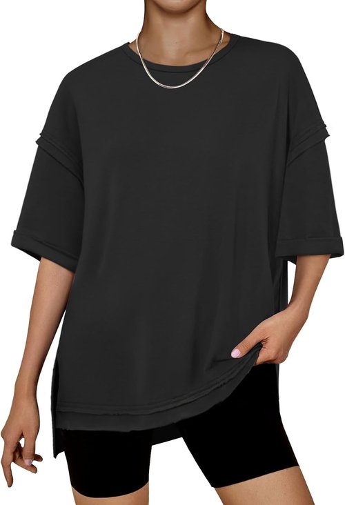 RUBZOOF Women's Oversized T-Shirts - Casual Short Sleeve Tunic with Side Split | Maternity Top