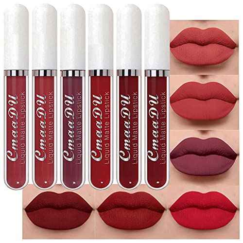 evpct 6Pcs Lipstick Matte Liquid Lipstick Lipgloss Set for Women, Dark Deep Bright Ruby Sexy Brick Red Mauve labiales mate 24 horas originales matte larga duracion 24 Hour Lipstick Long Lasting