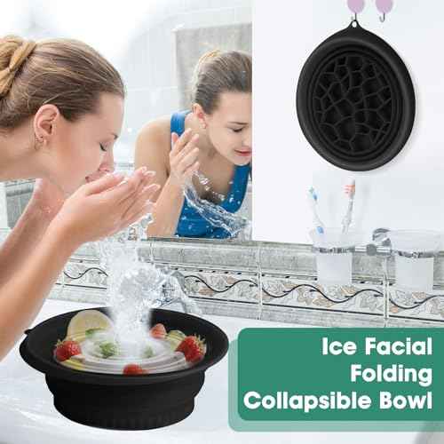 Face Bowl for Ice With Built-in Ice Tray Collapsible Silicone Facial Face Ice Bath Bowl Small Reusable Cold Plunge Basin is Portable,Perfect for Home Use,Camping,Travel Cold Bath Spa Tool & Black