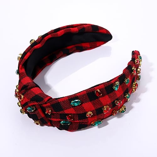 CEALXHENY Christmas Headband Accessories for Women Red Green Rhinestone Crystal Knotted Headband Jeweled Xmas Plaid Wide Top Knot Headband Christmas Outfits Holiday Gifts (Christmas 1)