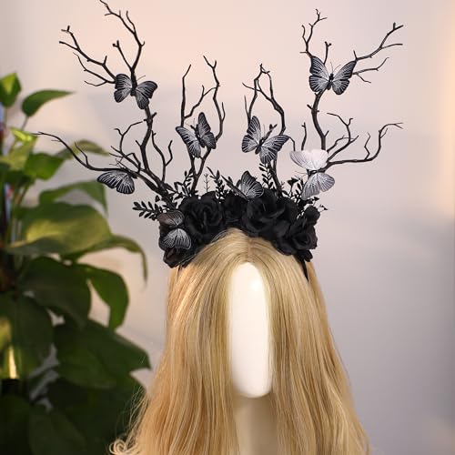 MOSTORY Black Butterfly Branch Headband - Handmade Dark Woodland Hairband Gothic Forest Tree Crown for Women Girls Cosplay Renaissance Mardi Gras Carnival Photo Props