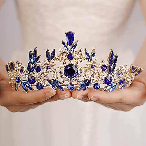 JWICOS Baroque Tiara Crown for Women Leaf Queen Crown Bridal Headpieces for Brides and Bridesmaid Royal Accessories for Birthday Prom Pageant Party Gift (Blue)