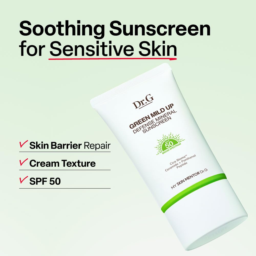 Dr. G Green Mild Up Defense Mineral Sunscreen - SPF 50 Broad Spectrum - Lightweight & Reef-Safe Formula for Sensitive Skin - 1.69 fl oz