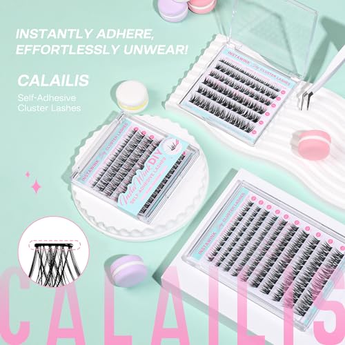 CALAILIS Self Adhesive Eyelashes 60Pcs D Curl Press on DIY CLuster lashes No Glue Needed Wispy Lash Clusters Pre Glued Reusable Glueless Eyelash Clusters Kit with Tweezers for Beginners (703)