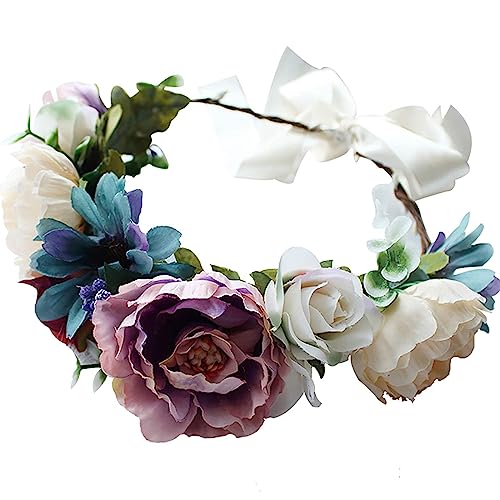 YnimioAOX Handmade Adjustable Flower Wreath Headband Halo Floral Crown Garland Headpiece, B22-purple white