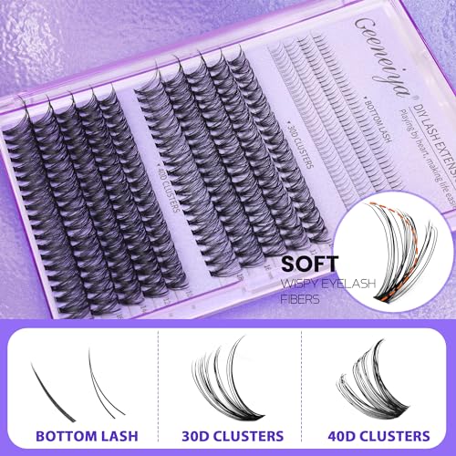 Geeneiya Natural Lash Clusters Kit Wispy Lash Extension Kit Bottom Lashes DIY Eyelash Extension Kit D Curl Individual Eyelashes Kit with Waterproof Lash Bond and Seal, Lash Tweezers (30D+40D+BOTTOM)