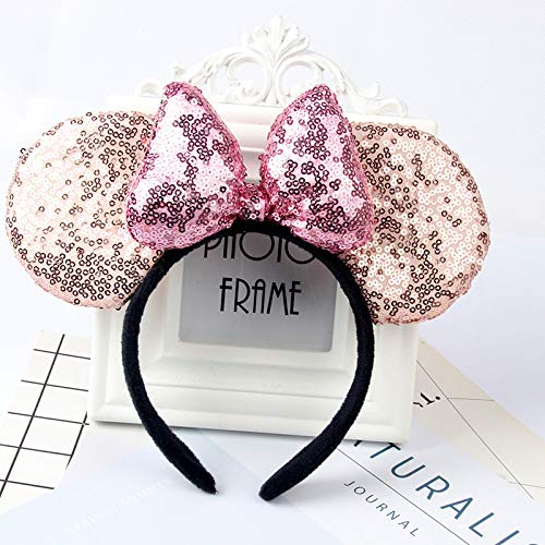 A Miaow 3D Black Mouse Sequin Ears Headband MM Glitter Butterfly Hair Clasp Park Supply Adults Women Photo Accessory (Champagne and Pink)