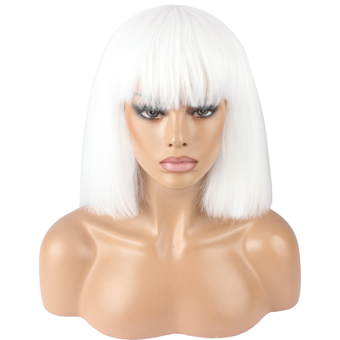 WeKen Women's Fashion Wig Short Bob Kinky Straight Full Bangs Synthetic Hairpieces Solid White