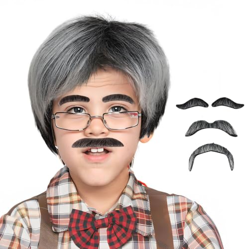 Gray and White Old Man Wig with Mustache and Eyebrows Grandpa Costume Accessories for Boy Kid for 100 Days of School Halloween Party