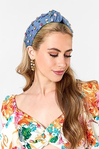 MOLOCH Crystal Knotted Headbands for Women Floral Heart Rhinestone Headbands Jeweled Embellished Wide Headband Summer Beach Party Hair Accessories (Blue)