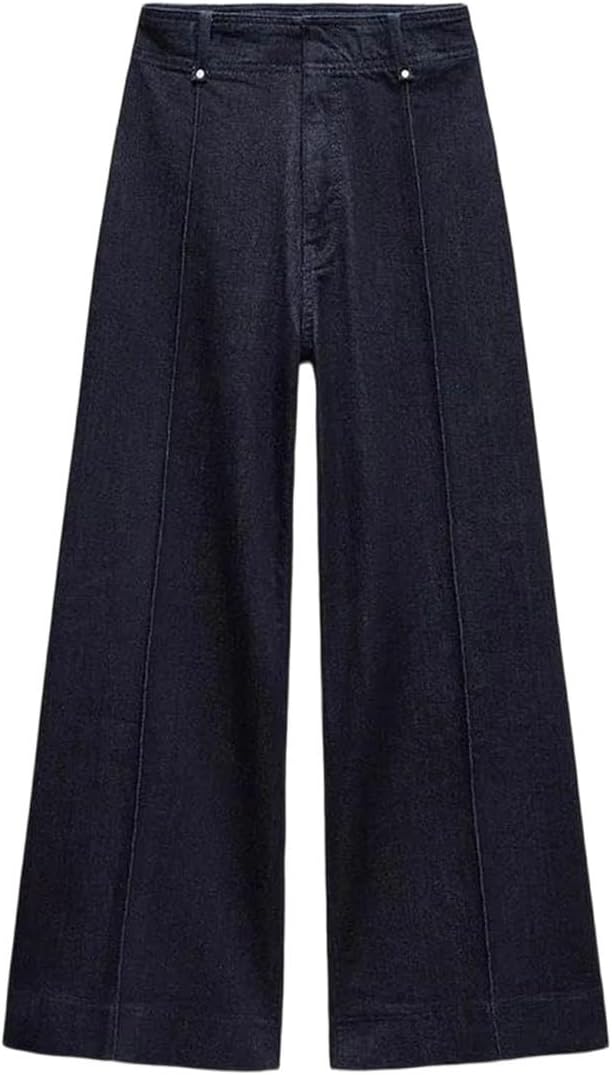 Skiennix Women's Wide Leg Jeans - Slimming Midi Waist Casual Denim Pants in Classic Blue