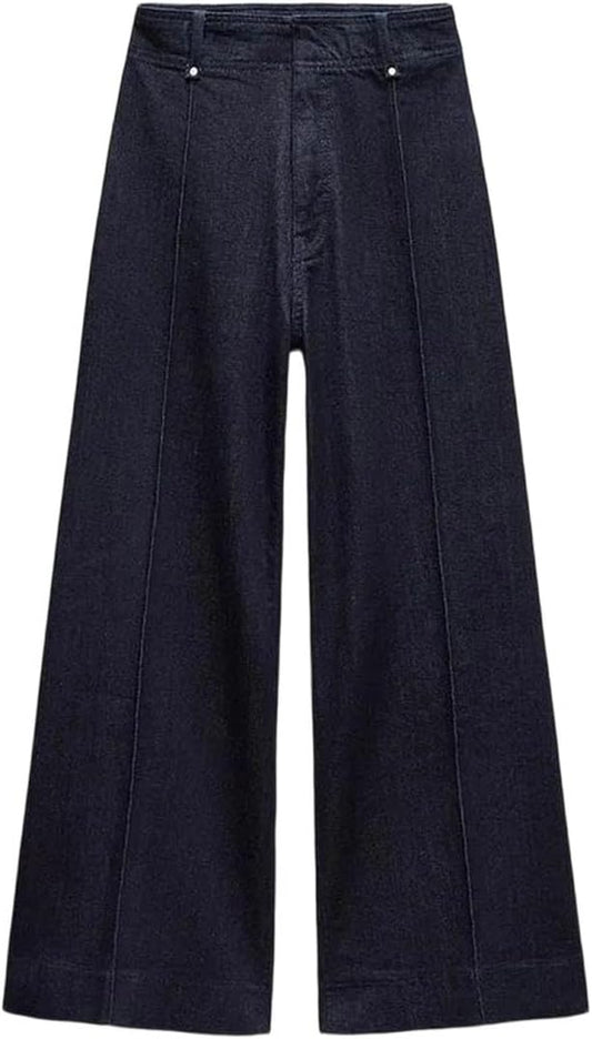 Skiennix Women's Wide Leg Jeans - Slimming Midi Waist Casual Denim Pants in Classic Blue