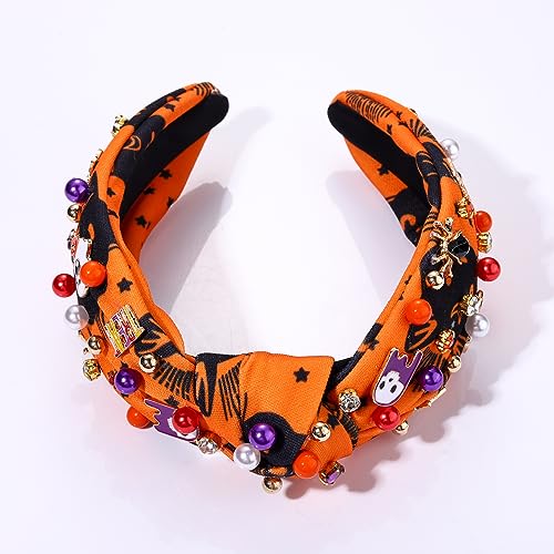 Halloween Headband Purple Spooky Beaded Knotted Headband for Women Sparkle Pearl Rhinestone Pumpkin Spider Bat Skeleton Ghost Charm Wide Knot Headpiece Orange Cat Star Print Hairband Halloween Party