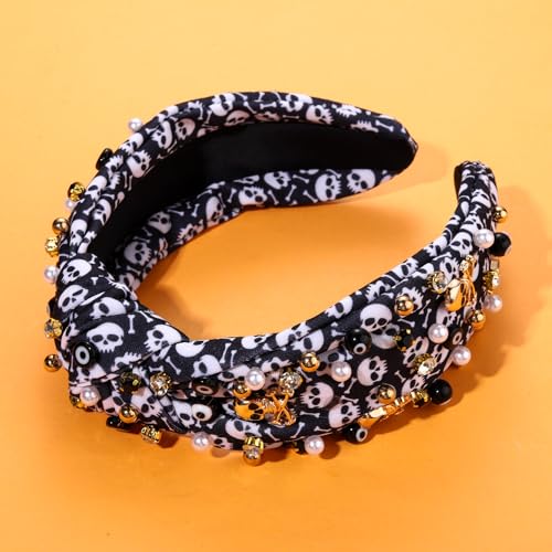 Halloween Headbands Rhinestone Knotted Headband for Women Crystal Spider Candy Corn Jeweled Embellished Wide Top Knot Hairband Halloween Cosplay Party Hair Accessories (Skull charm Print Knot)