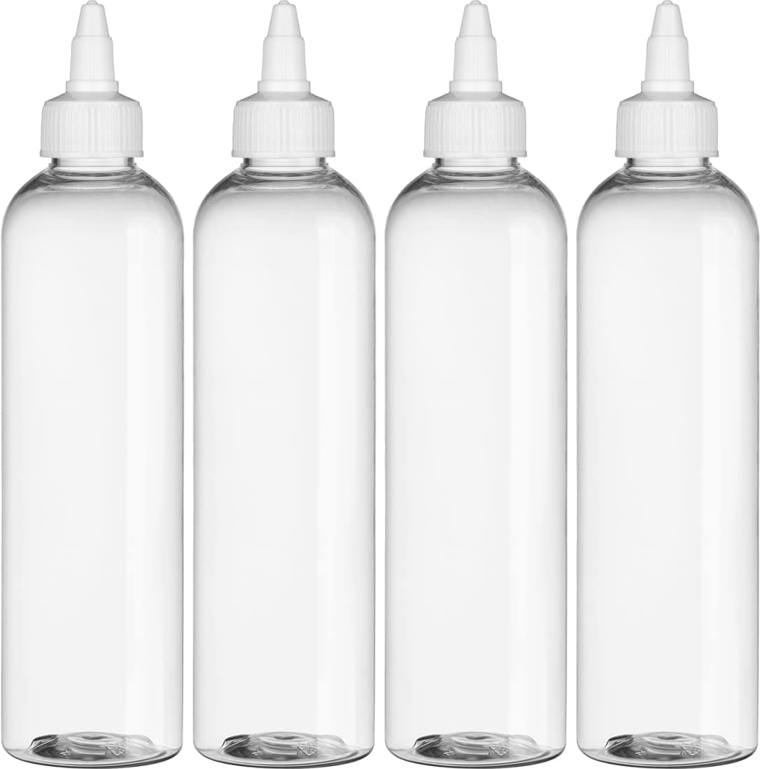 BRIGHTFROM Twist Top Applicator Bottles, Clear 8 OZ BPA-Free Plastic, Empty, Squeeze, Refillable - Open/Close Nozzle - Multi Purpose (Pack of 4)