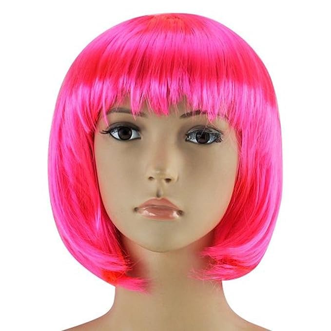 Matissa Short Straight 10" Bob Wig with Bangs Synthetic Fancy Dress Costume Halloween Party (Hot Pink)