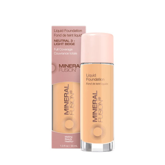 Mineral Fusion Full Coverage Foundation, Liquid Foundation - Neutral 3- Medium Complexion w/Neutral Undertones, Lightweight Matte Finish, Up to 12 Hr Hydration, Hypoallergenic & Vegan, 1 fl. oz