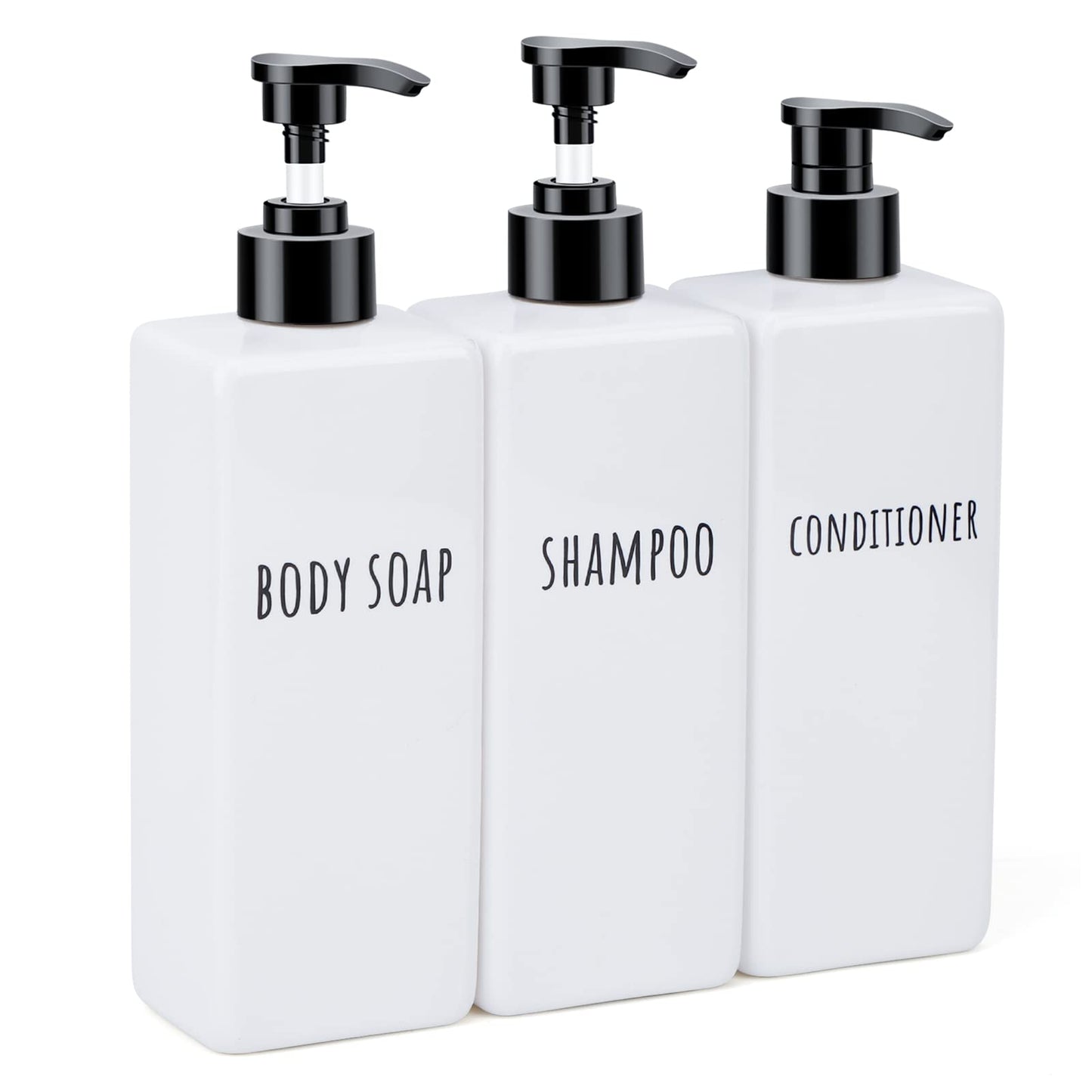 Segbeauty Plastic Soap Dispenser, 3pcs 16.9oz Refillable Shampoo Bottles White, 500ml Empty Square Pump Press Bottle Shower Dispenser Lotion Container for Modern Bathroom Hotel Kitchen