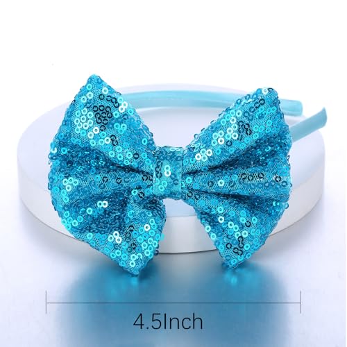 Kiszu Sparkly Sequin Hair Bow Headbands Fashion Glitter Cute Boutique Ribbon Bows for Girls, Kids, and Women (Peacock Green)