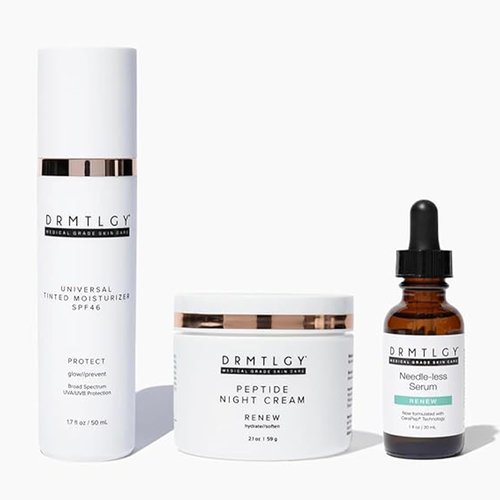 DRMTLGY Anti-Aging Trio: Needle-less Serum, Tinted Moisturizer with SPF 46, & Peptide Night Cream