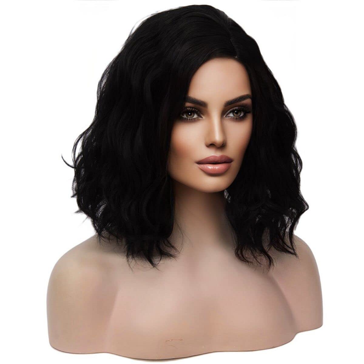 MAGQOO Black Wig for Women Black Bob Wig Short Black Wig Curly Wavy Black Wigs SIde Part Synthetic Heat Resistant