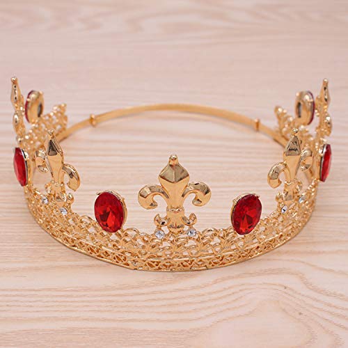 Crown Crystal Rhinestone Tiaras Bridal Headdress King Wedding Hair Accessory For Birthday Party Show Prom Photography (Gold Red)