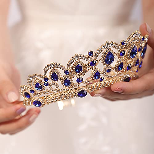 JWICOS Navy Blue Crystal Rhinestones Baroque Queen Crowns and Tiaras with Comb Wedding Bridal Headband Hair Accessories for Bachelor Party Wedding Prom