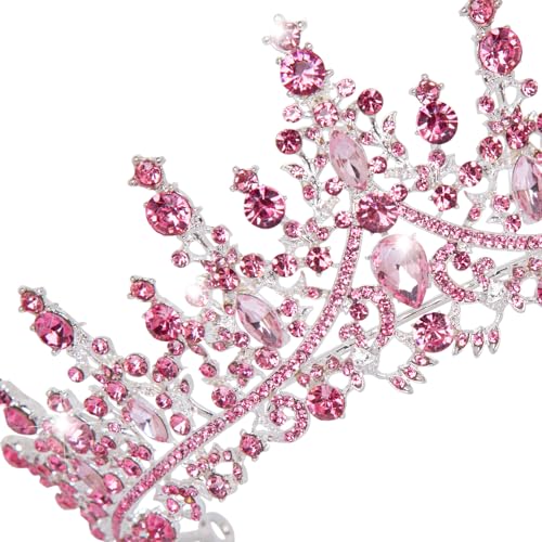 Trnerm Pink Crown Crystal Wedding Crown for Women, Pink Tiara Queen Princess Crown, Rhinestone Tiara for Women, Hair Accessories for Quinceanera Pageant Prom Birthday Halloween Cosplay