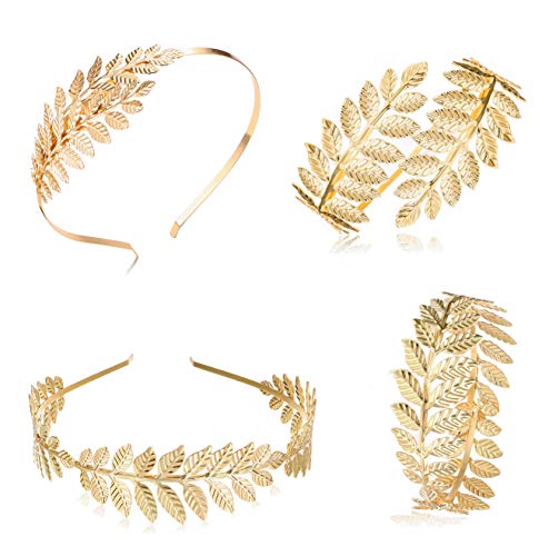 FUNRUN JEWELRY 4PCS Greek Godess Headband Costumes for Women Laurel Bracelet Armband Gold Leaf Headband Crown Armlet Upper Arm Band Bracelet Adjustable for Wedding Party